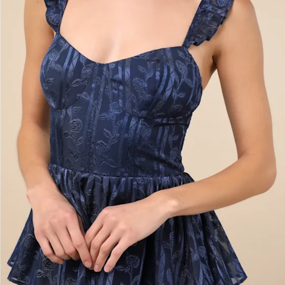 Lulus Stunning Glory Navy Blue Floral Jacquard Tiered Maxi Dress - Size S - Picture 3 of 5